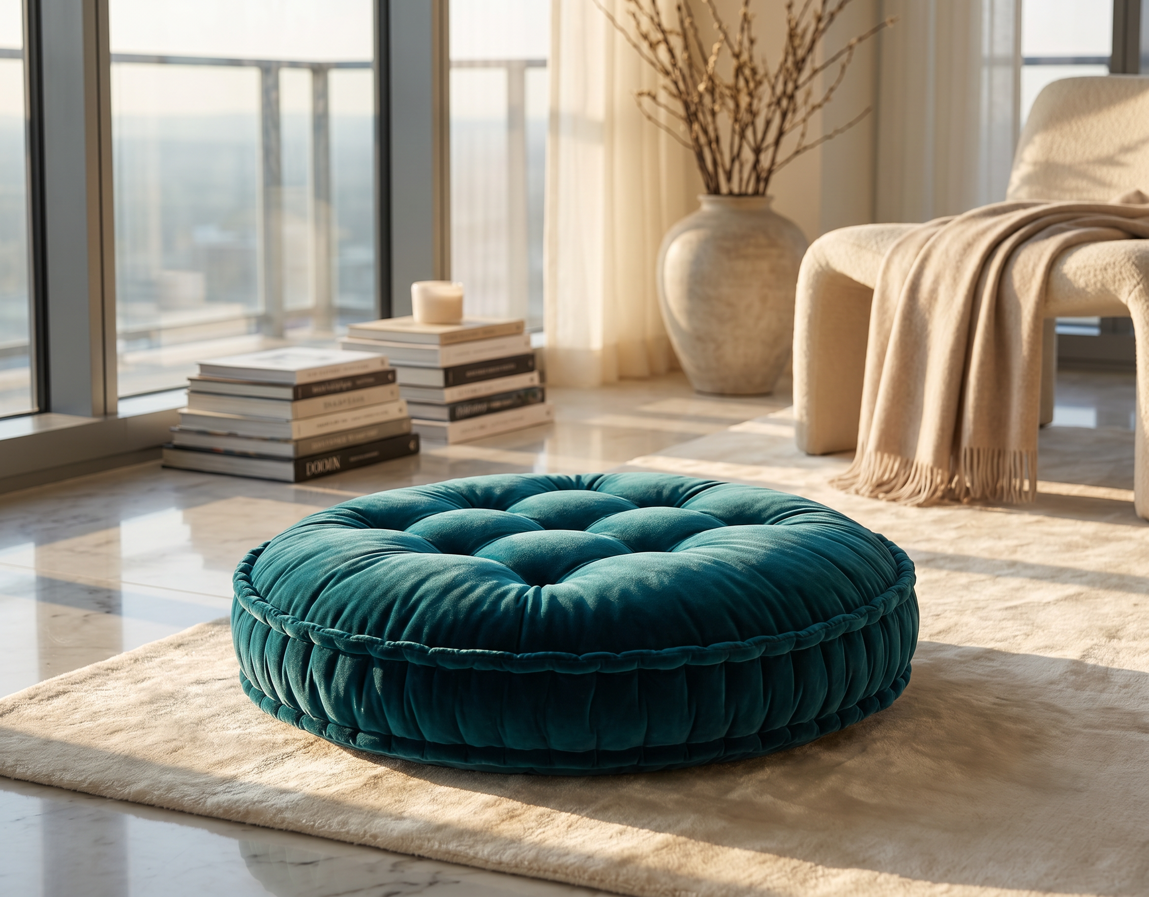 Close-up detail of tufted velvet floor pillow showing premium texture and stitching
